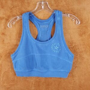 L SPACE Womens Sports Bra Medium Blue Pullover Racerback Knit Logo ACTIVE